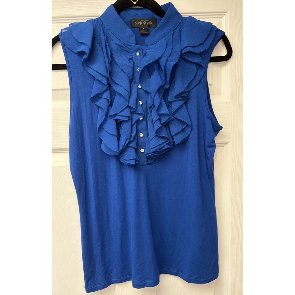 August Silk Ruffle Top royal blue Sz Med corporate sleek romantic whimsygoth